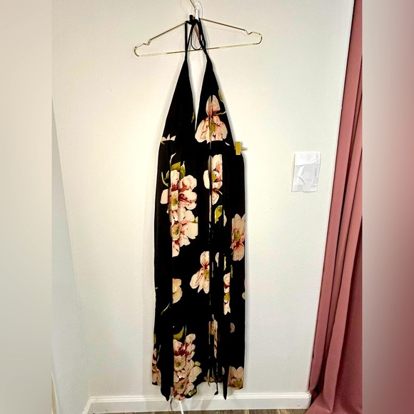 Boho Floral Halter Maxi Dress Small Black Pink Tie Back Lightweight Vacation - Picture 2 of 12